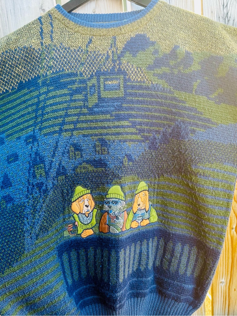 VTG EATONS 3D Landscape Knit Sweater Eclectic Grandpa Core Novelty Dog Wool L XL